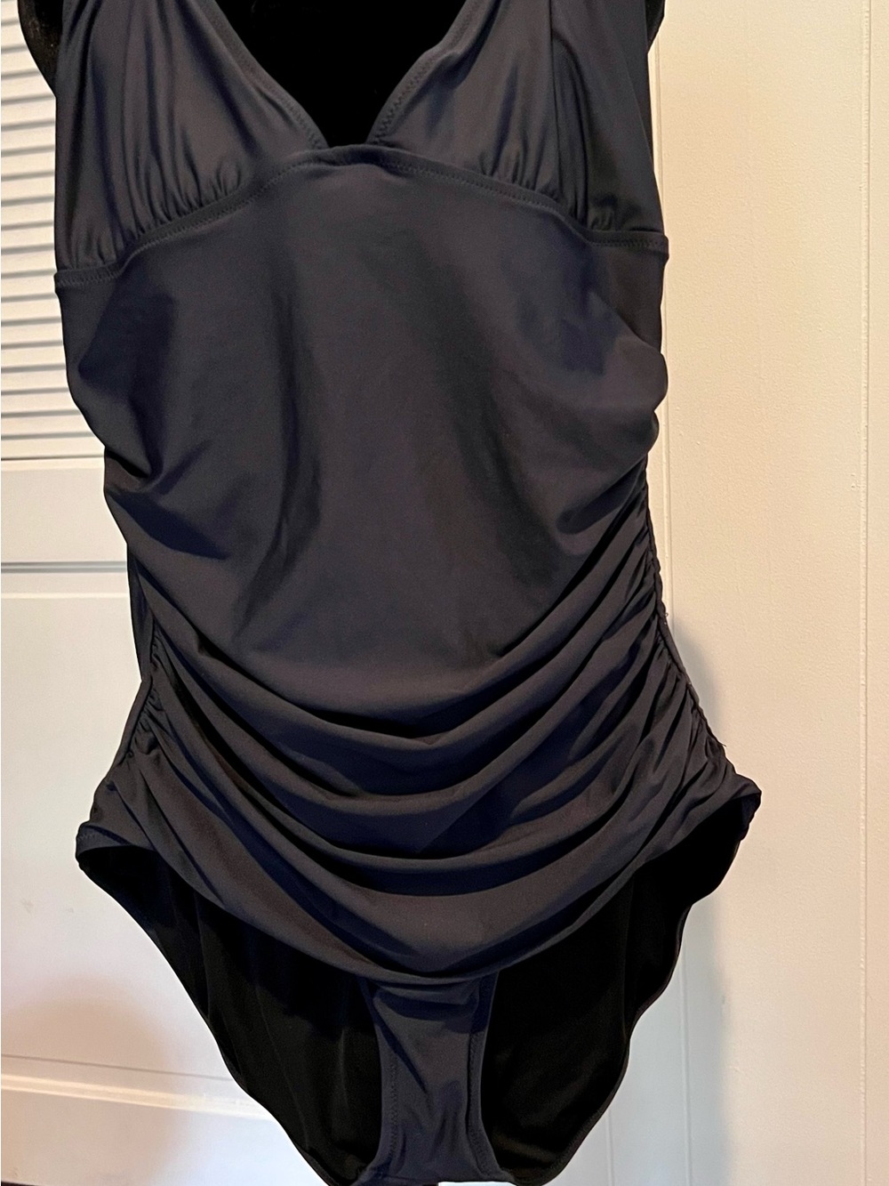 J. Crew Swim Suit Sz 14. Black, poly/spandex, draped at tummy for a slim look.B7